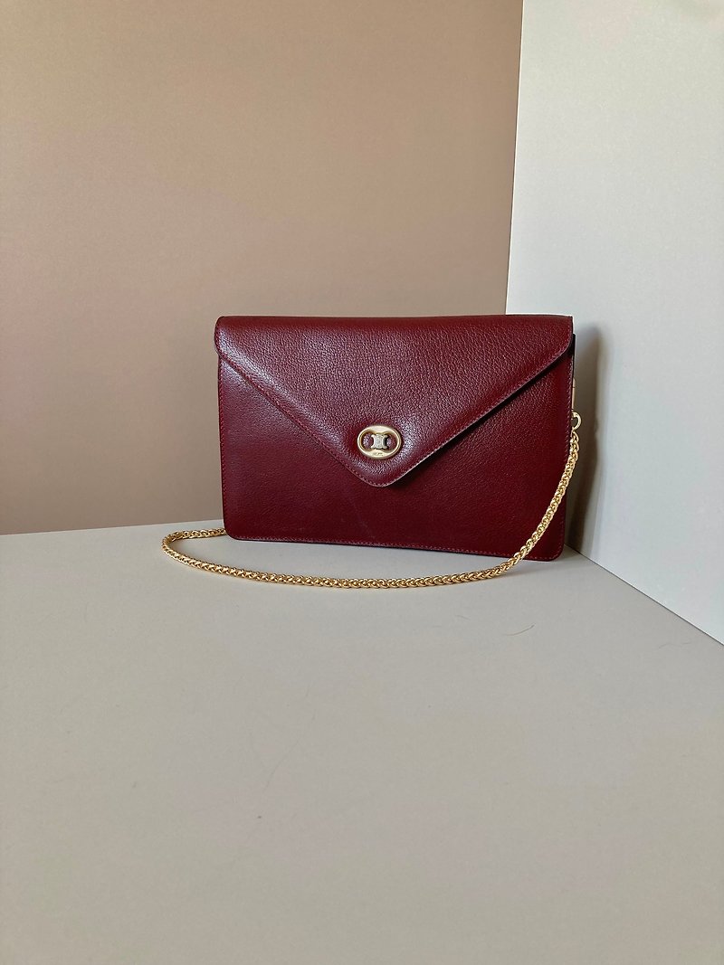 [LA LUNE] Second-hand Celine burgundy Arc de Triomphe envelope shoulder handbag diagonal side shoulder bag - กระเป๋าแมสเซนเจอร์ - หนังแท้ สีแดง