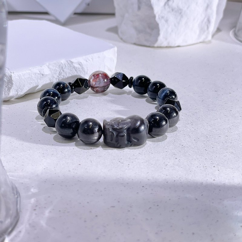 Blooming Silver Stone|Gold Stone|Ox Blood Red Glue Flower|Golden Lucky Stone|Blue Tiger Eye|Crystal Bracelet A2406-2 - Bracelets - Crystal Black