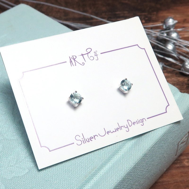 Glacier Blue Solitaire Diamond 925 Sterling Silver Earrings 4mm Round Prong Setting Design - ต่างหู - เงินแท้ สีน้ำเงิน