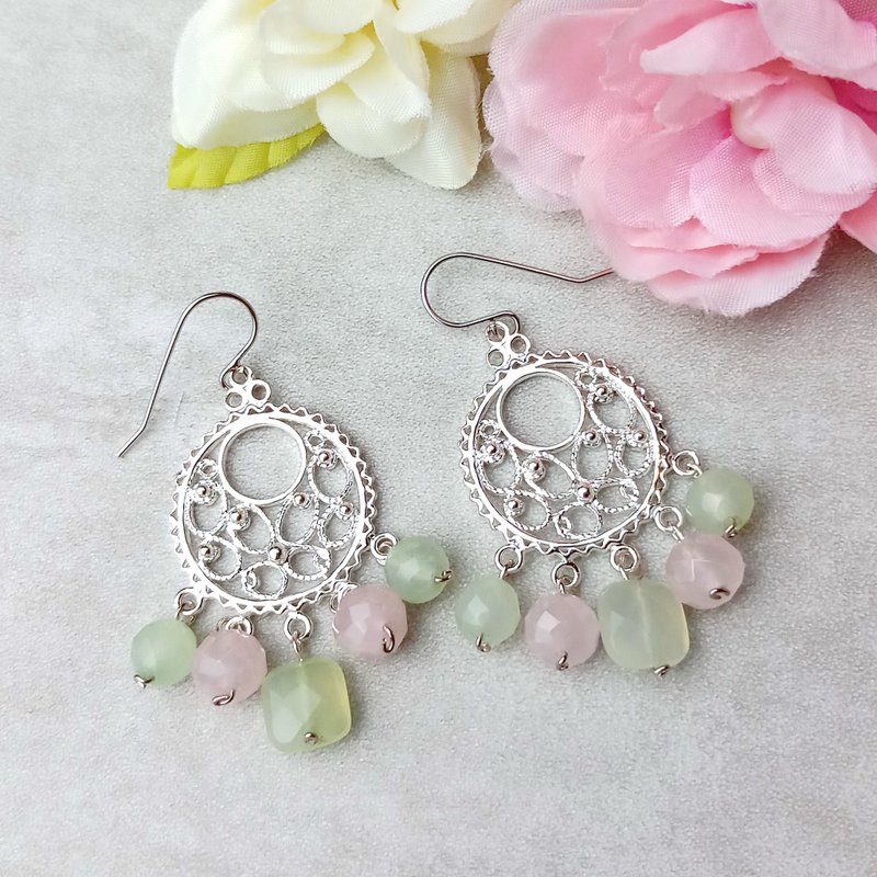 S925 sterling silver earrings pink crystal earrings natural stone earrings sterling silver ear hook ear hook EARS-013 - ต่างหู - โลหะ สึชมพู