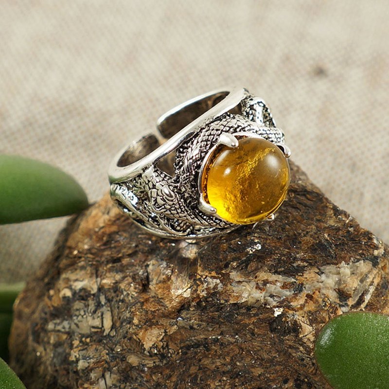 Honey Yellow Glass Silver Snake Unisex Adjustable Free Size Ring Jewelry Gift - 戒指 - 玻璃 黃色