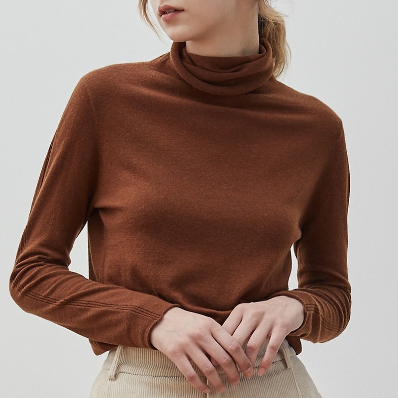 キャラメルブラウン7色ハイネックスリムフィットパイルネックシャツメリノウールスリミングセーターニット肌にやさしい - ニット・セーター - ウール ブラウン