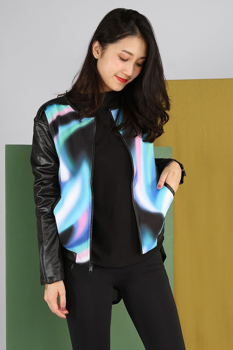 極光印花反光皮感夾克 - 外套/大衣 - 聚酯纖維 黑色