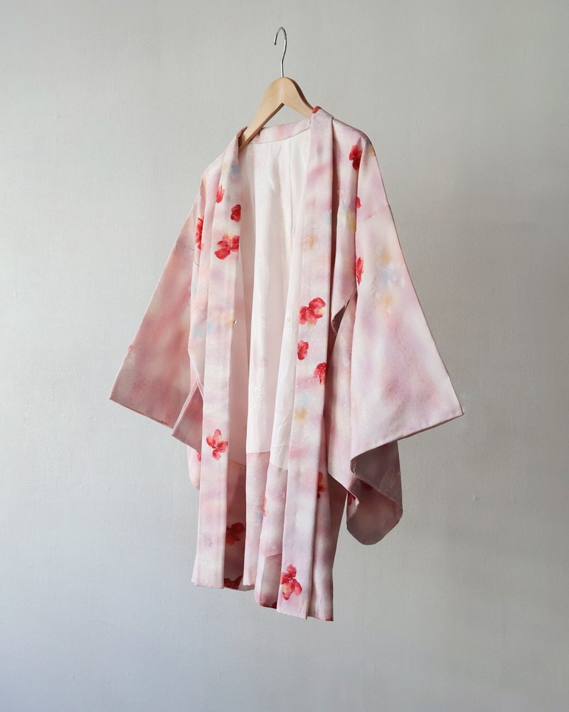 日本製和風印花粉紅色漸層古著羽織和服外套 - 女大衣/外套 - 聚酯纖維 粉紅色