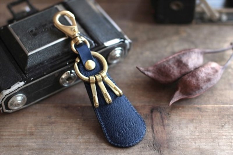 Indigo dyed leather [shiboai] key holder with shoehorn - พวงกุญแจ - หนังแท้ 