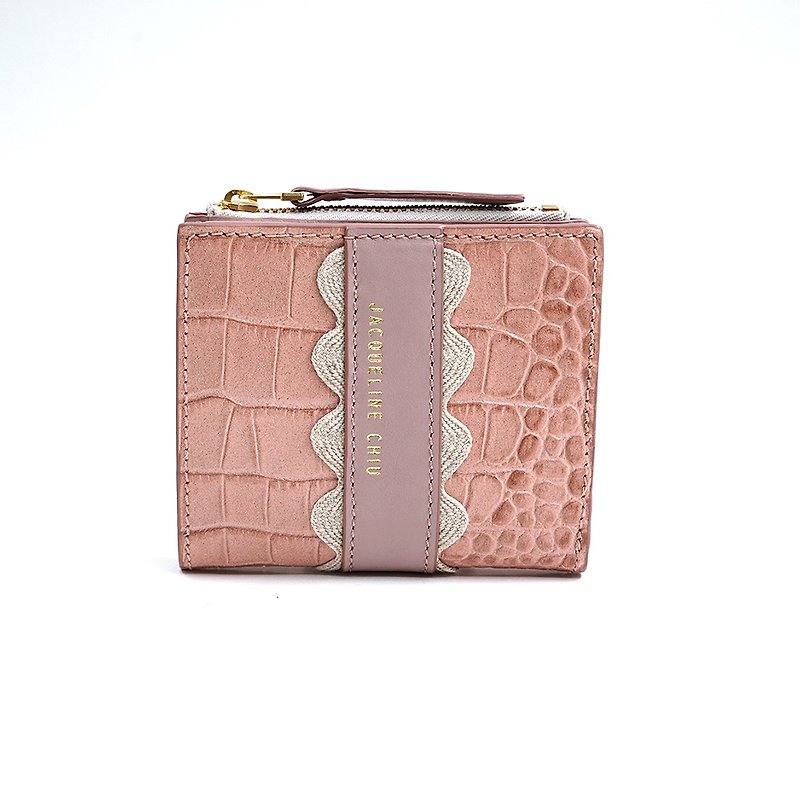賈姬短夾 粉紅鱷魚紋牛皮 - 長短皮夾/錢包 - 真皮 粉紅色