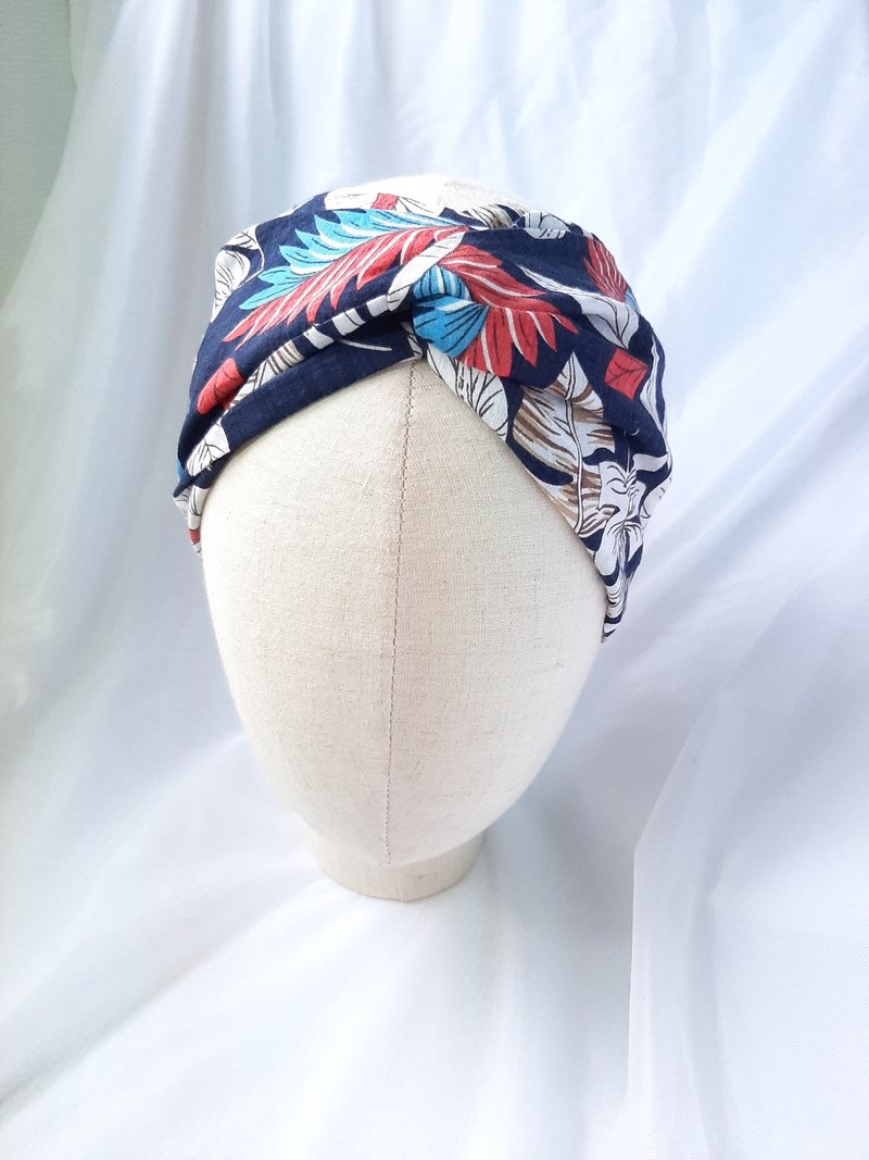 Blue background colorful leaf pattern headscarf wide headband - Headbands - Cotton & Hemp Blue