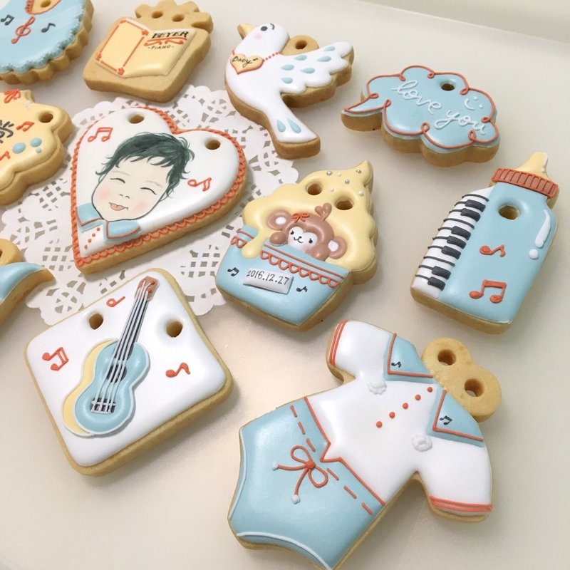 Gaita cookie monkey playing music received biscuit biscuits 12 + 1 (can be custom baby baby head) - Handmade Cookies - Fresh Ingredients Blue