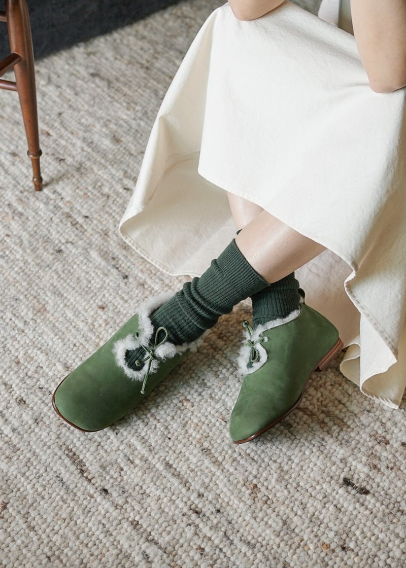 Winter limited warm sheep sheep bread shoes sheep fur handmade moss green - Women's Leather Shoes - Genuine Leather Green