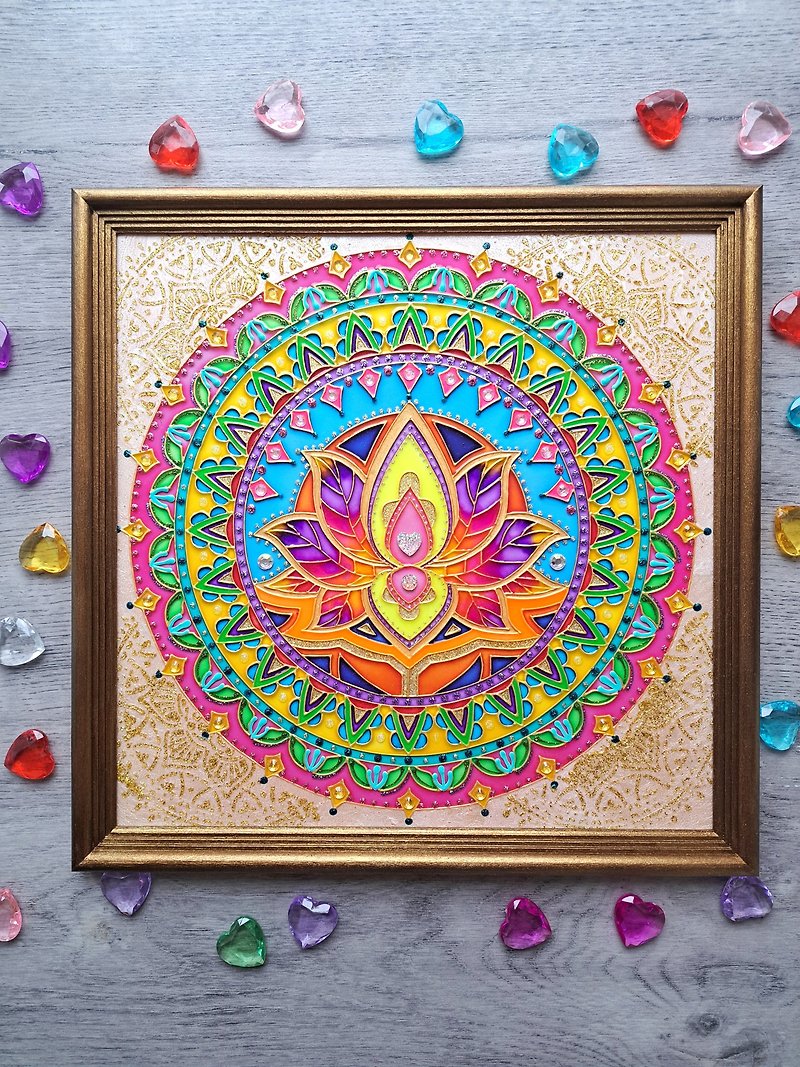 Stained glass Wish Mandala Meditation Lotus original painting Sacred art - Wall Décor - Glass Pink