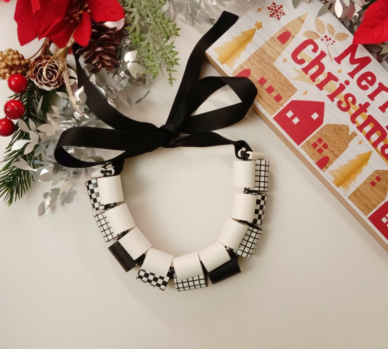 Paper Necklace Short Chain_Classic Black and White_Double Layer Design Double OSSO Handmade Free Shipping - Necklaces - Paper White