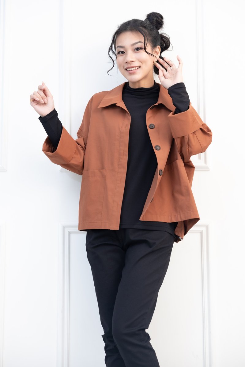 雙口袋鈕扣短版外套 磚橘色 - 女大衣/外套 - 其他材質 橘色