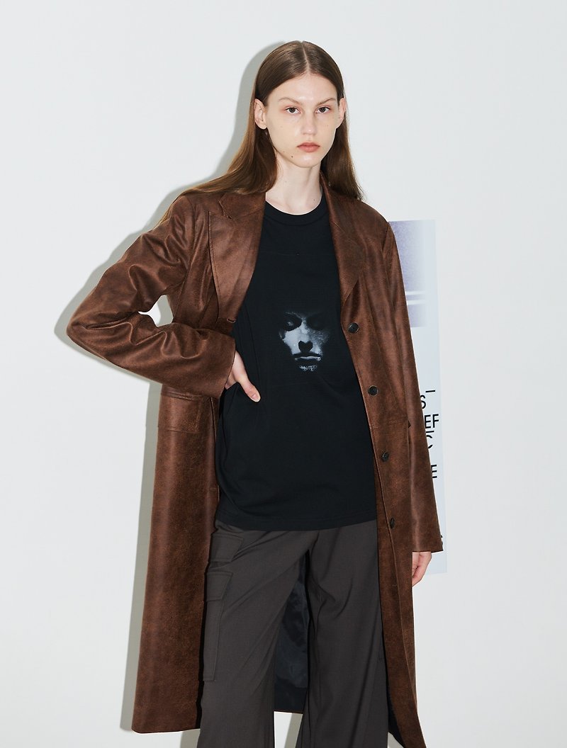 Crack Leather Long Coat Brown - 女西裝外套 - 聚酯纖維 咖啡色