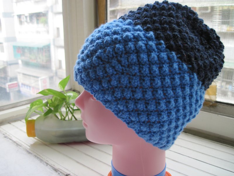 雙藍鳳梨花編帽  包頭款 - 帽子 - 羊毛 藍色