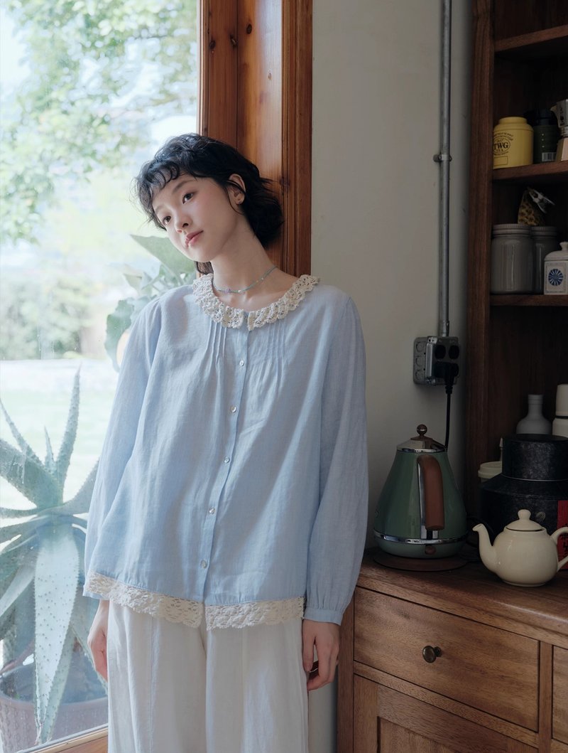 棉麻花邊領細條紋襯衫長袖 - 女襯衫 - 棉．麻 多色