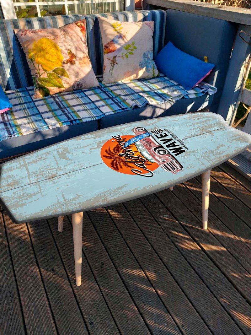 Surf Wave Surfboard Shaped Wooden Beach Style Art Decor Coffee Accent Table - 餐桌/書桌 - 木頭 