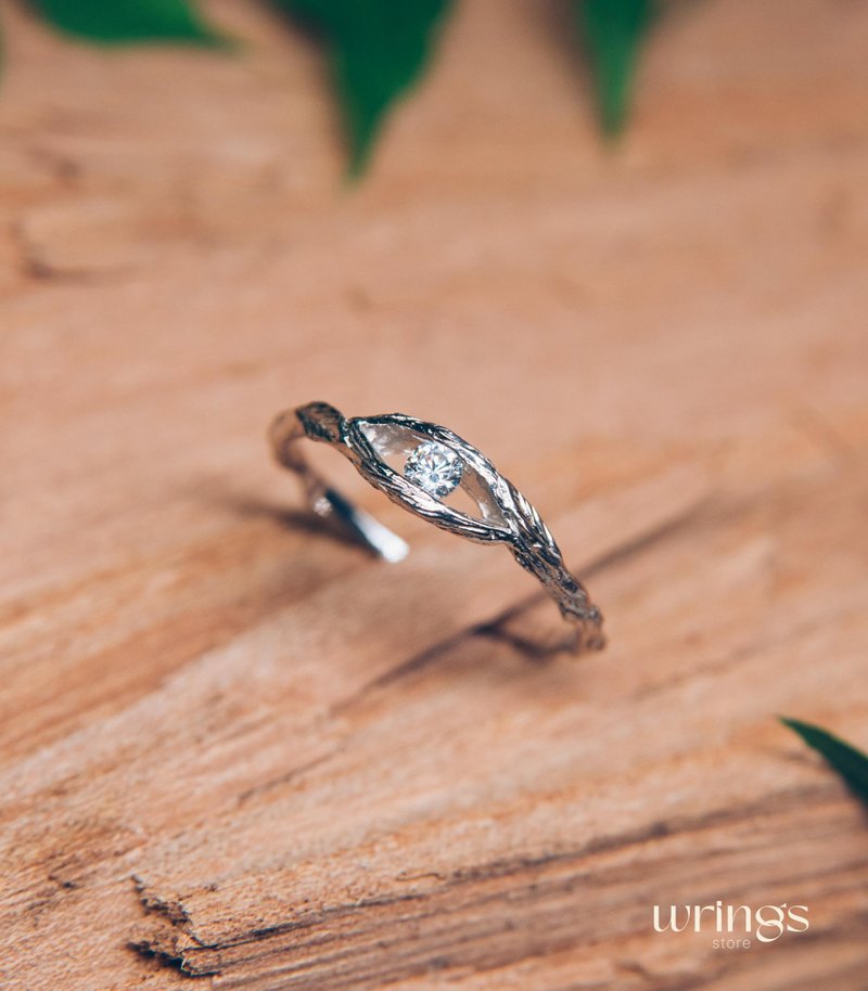 Fantasy Twig Gemstone Engagement Ring Thin Silver Nature inspired Band & Leaf - General Rings - Silver White