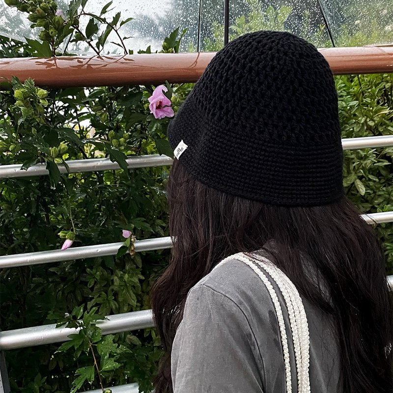 Black Summer Linen Net Bucket Hat - 帽子 - 棉．麻 黑色