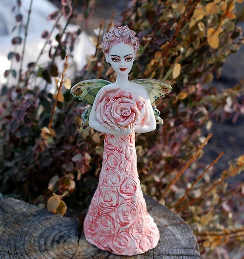 PorcelainShoppe flower Fairy Pink rose Porcelain Figurine Lady Bell Woman butterfly Elf statuett