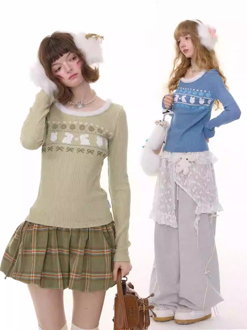 ziziFei 秋冬コレクション アメリカンスタイル スリムフィット 華奢見え ファー襟 長袖Tシャツ ラビットプリント ニットインナー レディース - ニット・セーター - ポリエステル 