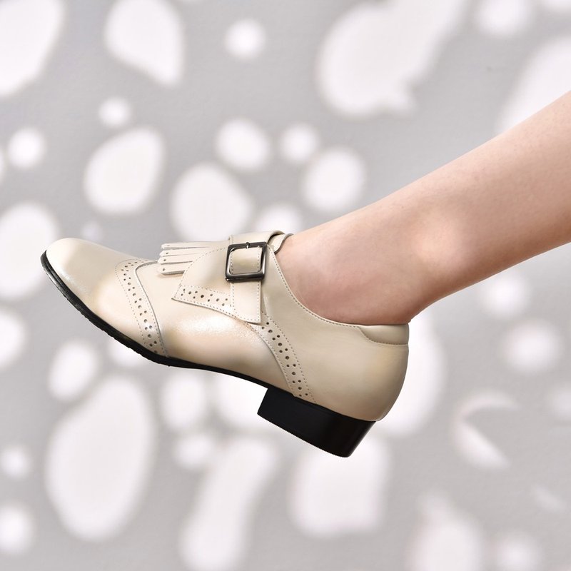 Fringed Low Heel Full Leather Monk Shoes-Vanilla White - Women's Oxford Shoes - Genuine Leather 