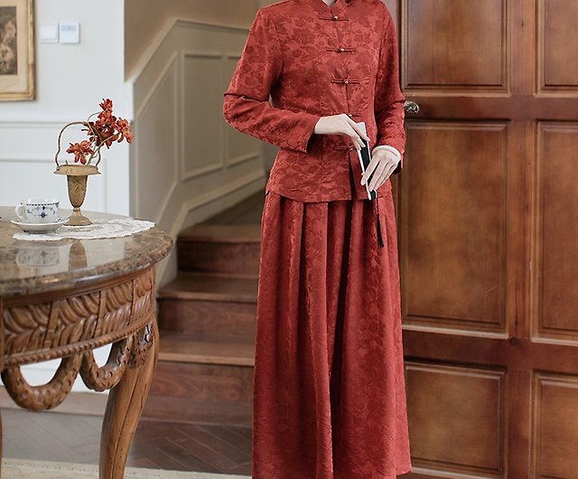 ルオシア赤い中国のウェディング ドレス長袖トップ ロング スカート