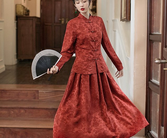 ルオシア赤い中国のウェディング ドレス長袖トップ ロング スカート