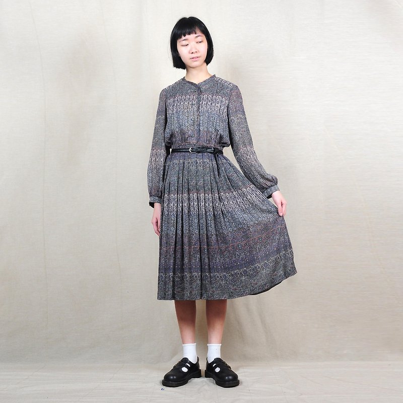 [Vintage] egg plant shadow shadow stamp vintage pleated dress - One Piece Dresses - Polyester Gray