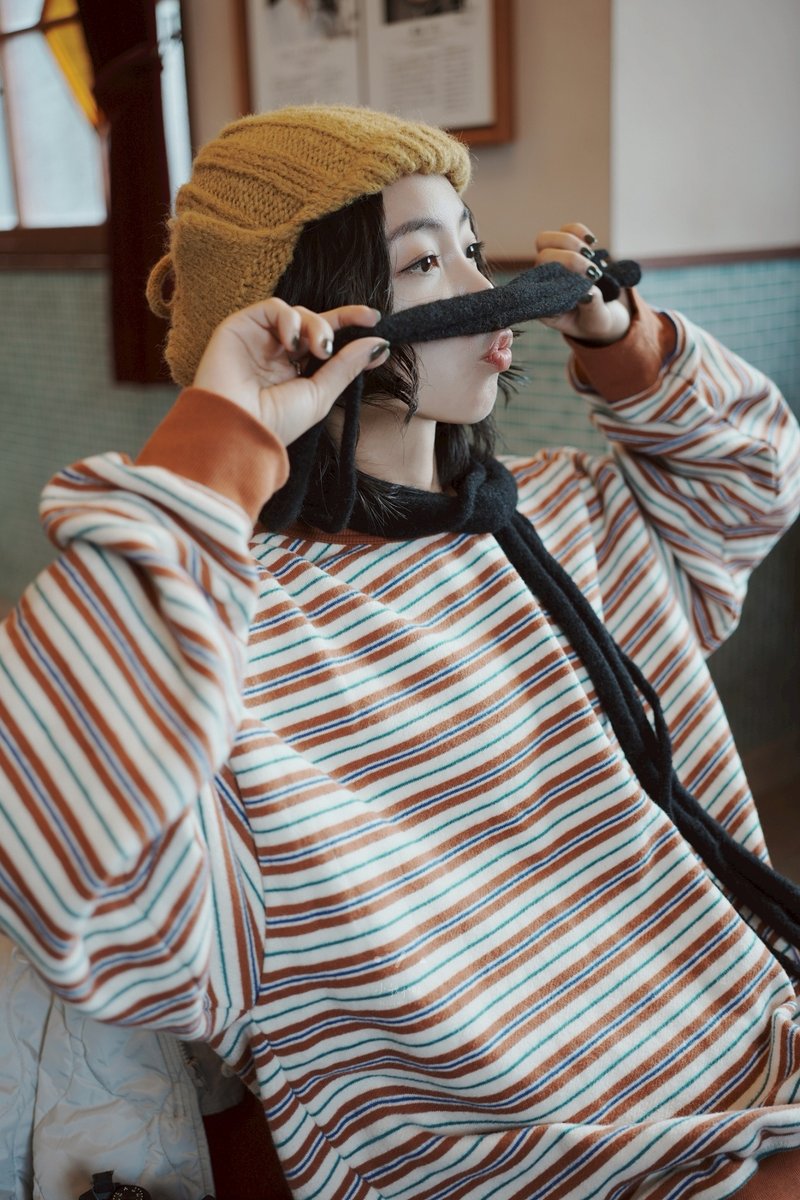 小豆島條紋磨毛寬鬆長袖 - 2色 - 女 T 恤 - 棉．麻 咖啡色