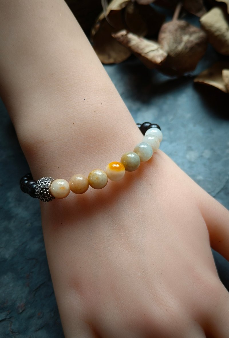 Natural Burmese Gradient Yellow Round Beads Jade Shape Silver Sandalwood Beads Bracelet - สร้อยข้อมือ - เครื่องเพชรพลอย สีเหลือง