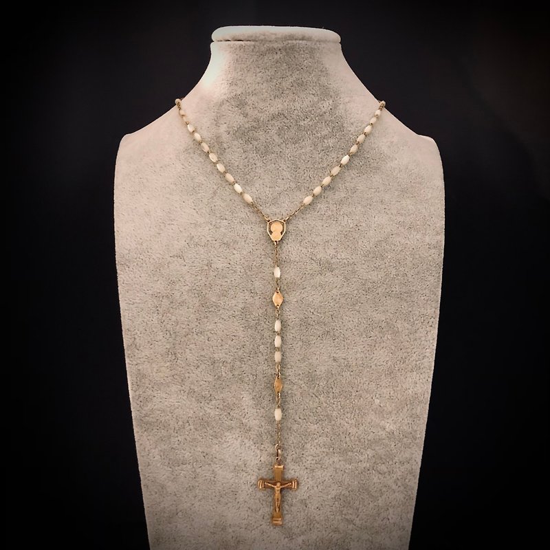 法國天主教珍珠母貝串珠-銅鍍金十字架古董玫瑰經念珠-1 - 長項鍊 - 貝殼 咖啡色