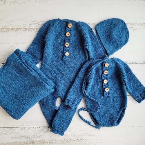 KrisboNewbornProps Blue tweed bonnet, romper, wrap. Newborn photo props.