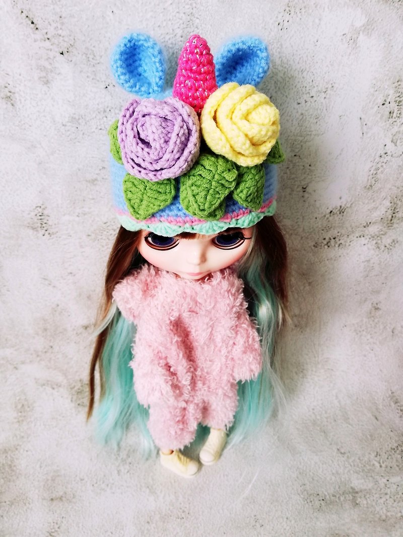 Blythe hat crochet blue Unicorn - 公仔模型 - 棉．麻 藍色