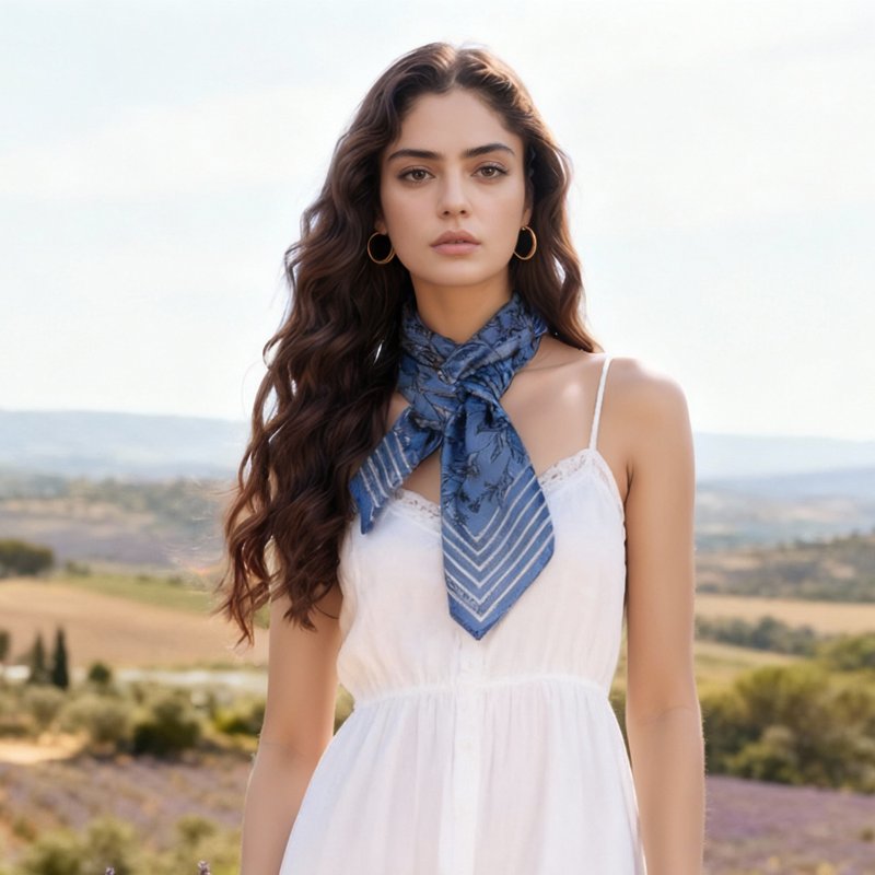 普羅旺斯蔚藍 聖維塔利亞 大方巾絲巾90厘米 Jardin Des Fontaine - 絲巾 - 聚酯纖維 藍色