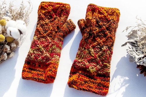 omhandmade 手織純羊毛針織手套/露趾手套/內刷毛手套/保暖手套-北歐漸層橘子