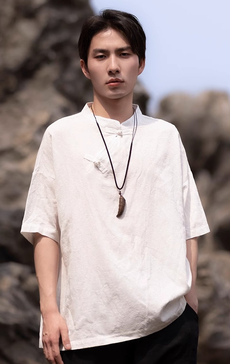 New Chinese style retro Linen stand collar short-sleeved shirt - เสื้อยืดผู้ชาย - วัสดุอื่นๆ ขาว