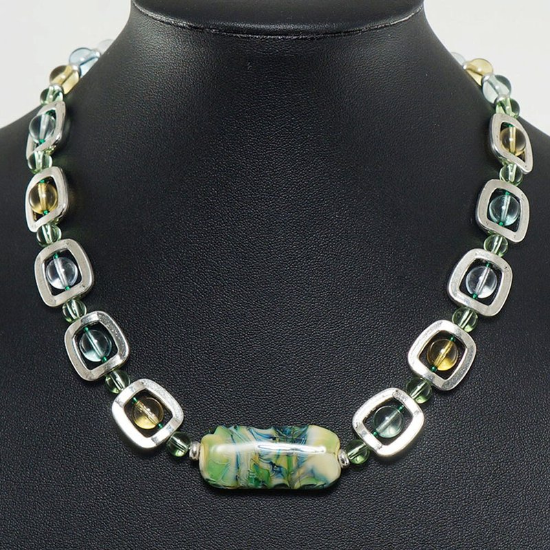 Mint Green Yellow Lampwork Murano Glass Geometric Necklace Woman Jewelry Gift - 項鍊 - 玻璃 綠色