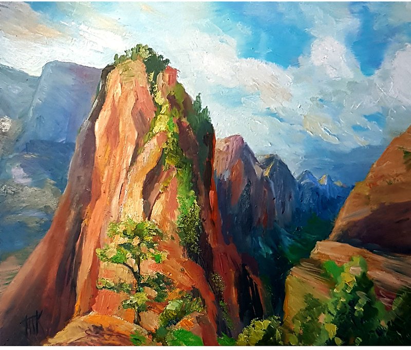 Rocky Mountain Painting Zion Original Art Landscape Oil Painting 25 by 30 cm - โปสเตอร์ - วัสดุอื่นๆ สีน้ำเงิน