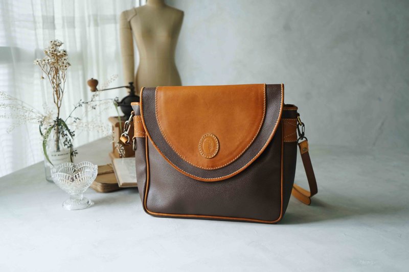 尋寶復古古董包-TRUSSARDI義大利雙色深棕牛皮肩背方包 - 側背包/斜背包 - 真皮 咖啡色