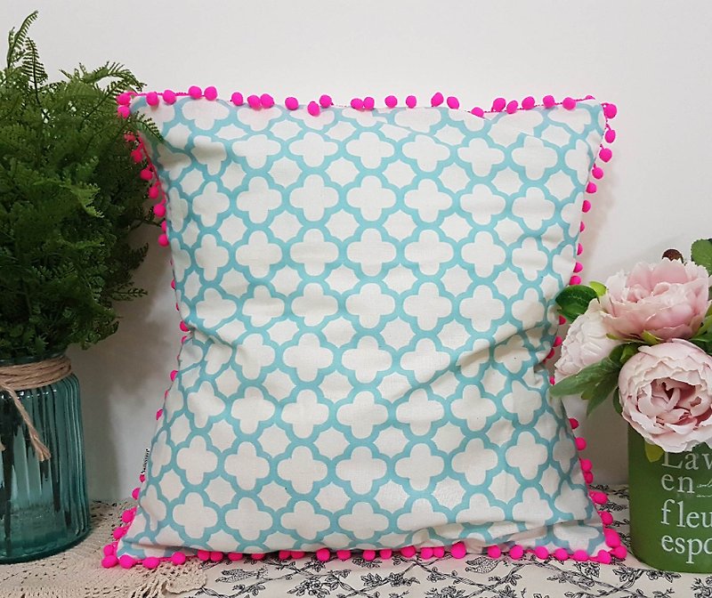 Nordic Style Sky Blue Geometric Pattern Fluorescent Pink Hair Ball Pillow Pillow Pillow Cushion Pillowcase - Pillows & Cushions - Cotton & Hemp Blue