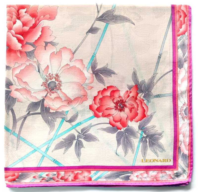 Leonard Vintage Scarf Floral Peonies Christmas Gifts for Her 20 x 20 inches - 絲巾 - 棉．麻 紅色
