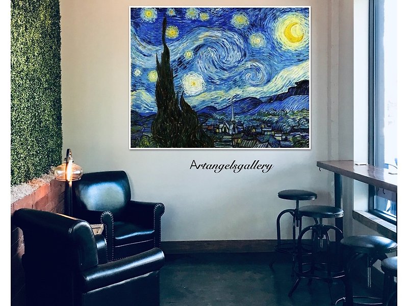 Angel Gallery/ reproduction oil painting/handmade oil painting/painting/Van Gogh/ starry night - โปสเตอร์ - ผ้าฝ้าย/ผ้าลินิน สีน้ำเงิน