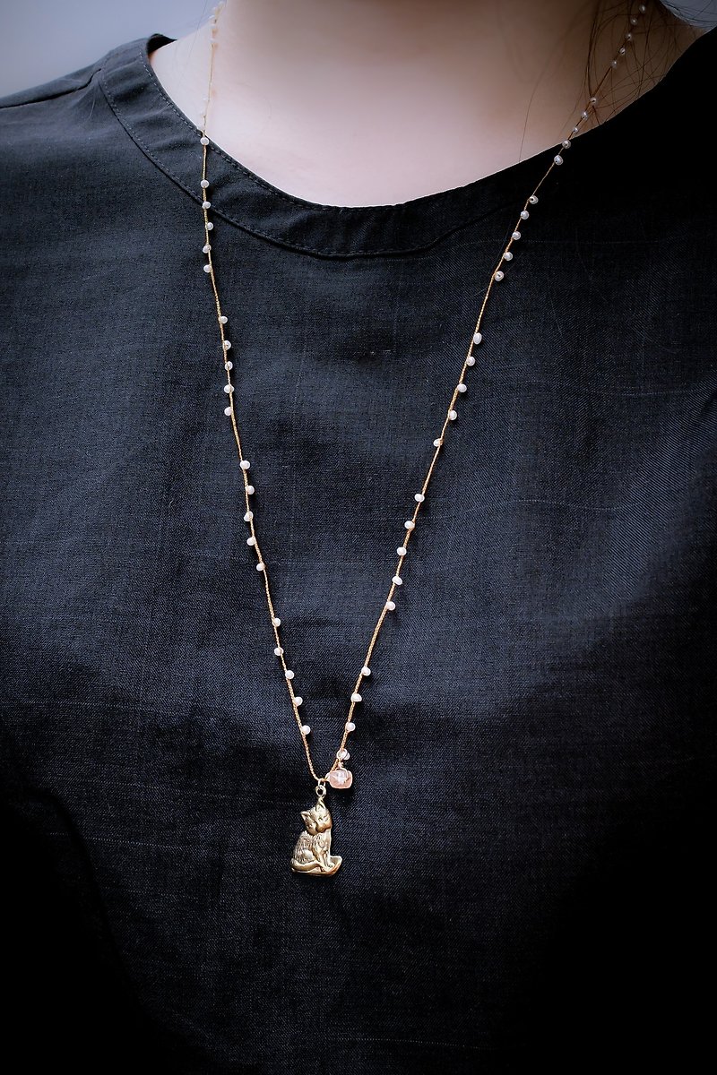 ROPEshop's [Small Mew Mi] Antique Bronze woven pearl long chain. - Necklaces - Copper & Brass Gold