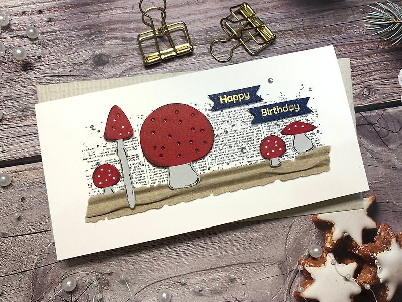 Mushroom series_birthday card_happy birthday_blue gold - การ์ด/โปสการ์ด - กระดาษ ขาว