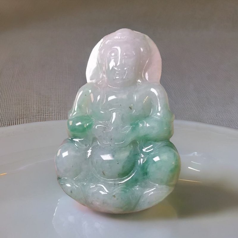 飄綠花翡翠寶瓶觀音菩薩 | 天然緬甸玉A貨翡翠 | 送禮 - 項鍊 - 玉石 綠色