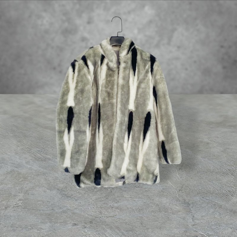 Second-hand gray, white and black color matching striped texture imitation fur slightly thick coat coat OPME21 - เสื้อแจ็คเก็ต - เส้นใยสังเคราะห์ สีเทา