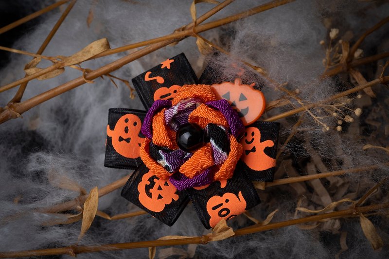 [Halloween limited] つまみ fine work / wind cloth flower pumpkin ribbon 髪 丸 pill - Hair Accessories - Other Man-Made Fibers Orange