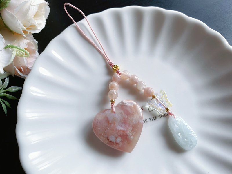 桜瑪瑙愛水花蝶釉天然石ギフト デザイン携帯電話 - ストラップ・チェーン - クリスタル ピンク