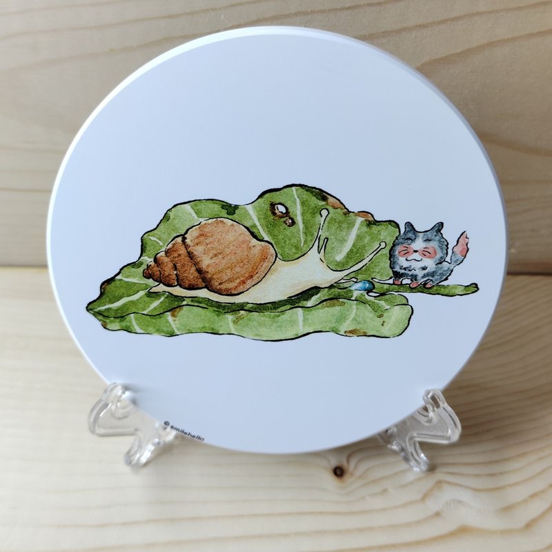 Coaster/absorbent coaster/ceramic absorbent coaster when a cat meets a snail - Coasters - Other Materials Multicolor