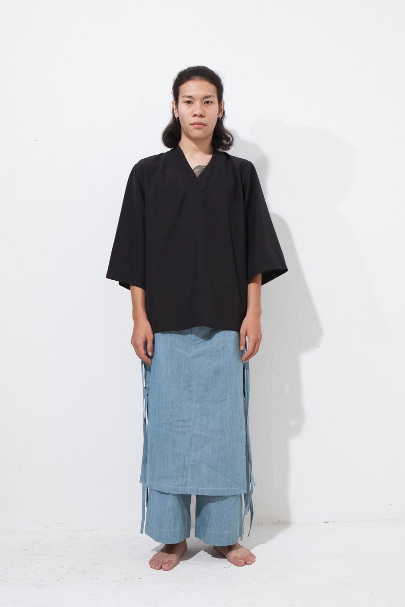 Alan Hu 2016 A/W 黑色和服領上衣 - 男 T 恤 - 聚酯纖維 黑色